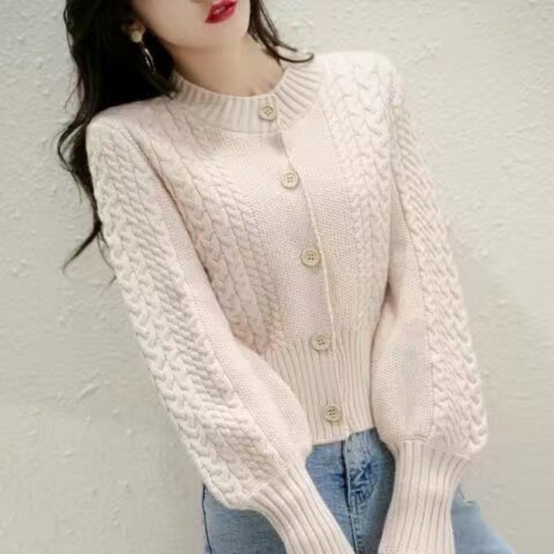 New 2022 O Cardigan Neck Sweater Slouchy Sleeves Small Fragrance Short Knitted Women Top Solid
