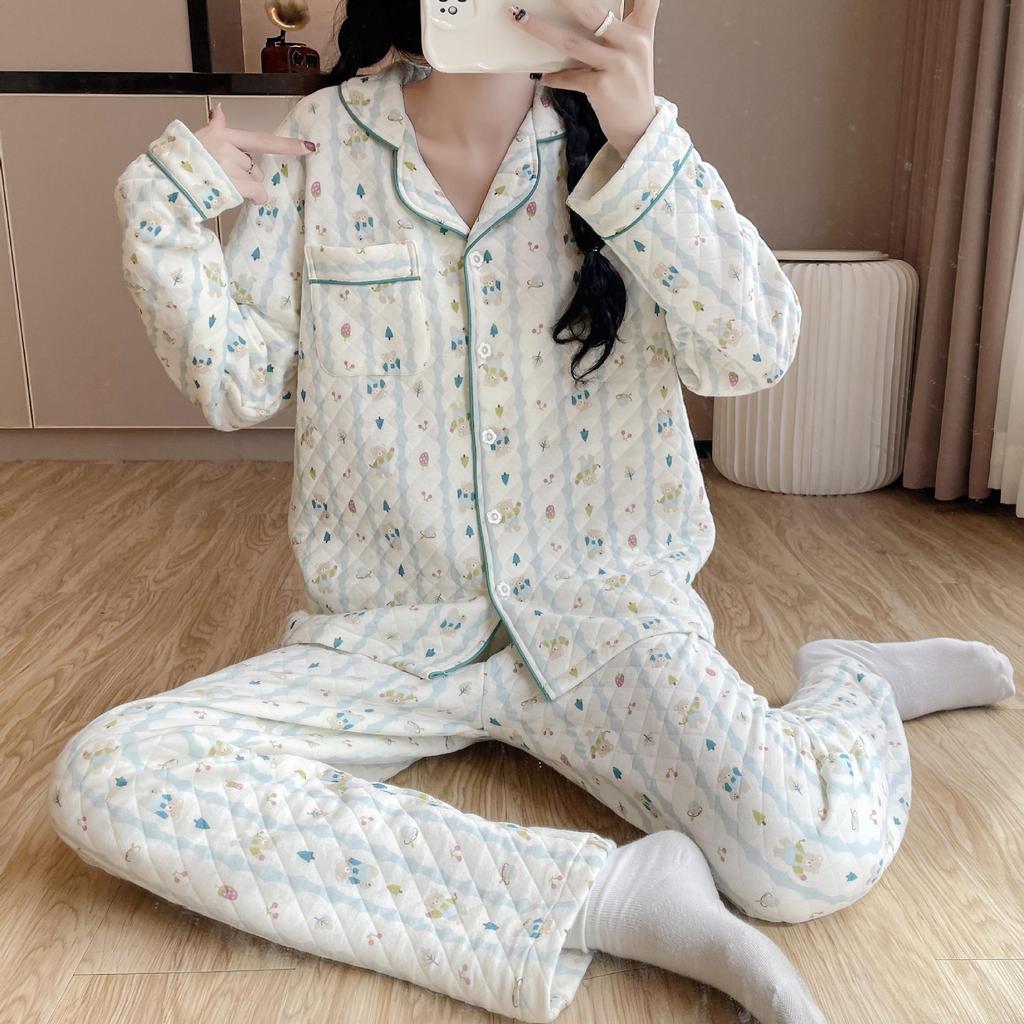 Women's Warm Pure Cotton Long-Sleeve Pajama Set - Autumn/Winter