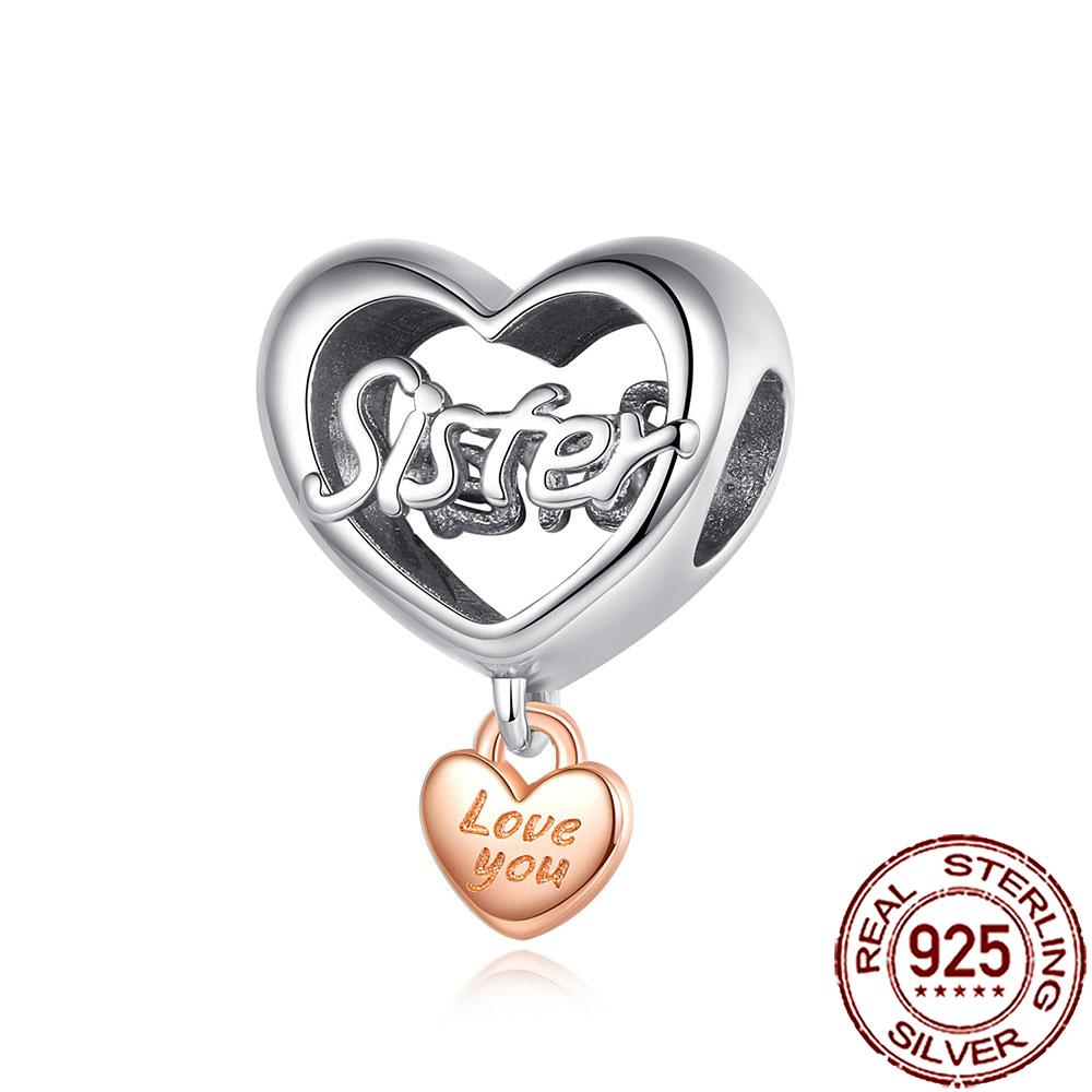 New Charms 925 Silver Sister Daughter Mum Mother Family Love Heart Beads Fit Origina Bracelet Necklace DIY Jewelry