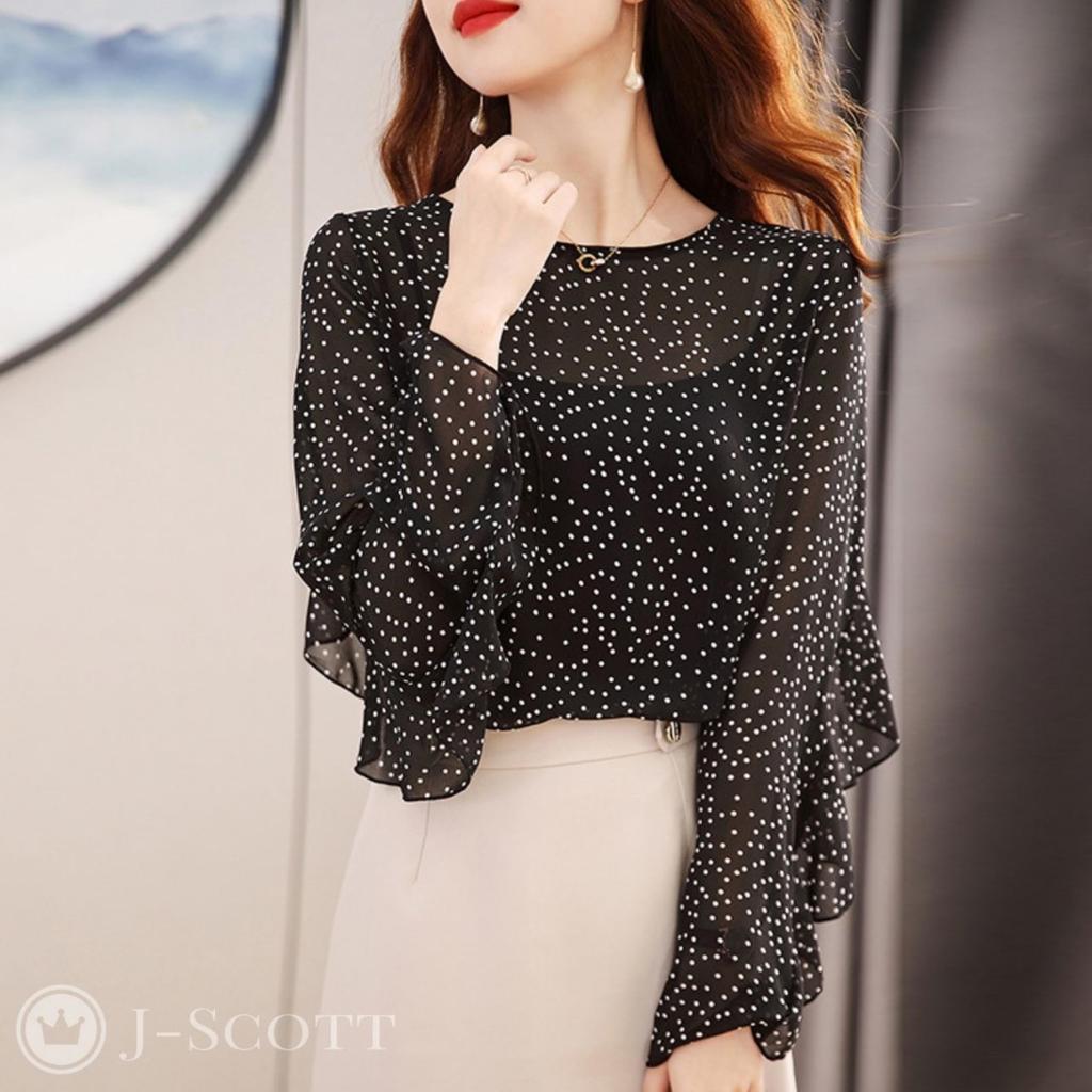 Blouse with Inner Dot Long Round Sleeve No Long Polyester Printed Weight Easy Thick Long Sleeve Summer Sleeve Conscious [J-Scott] Women's Cami,