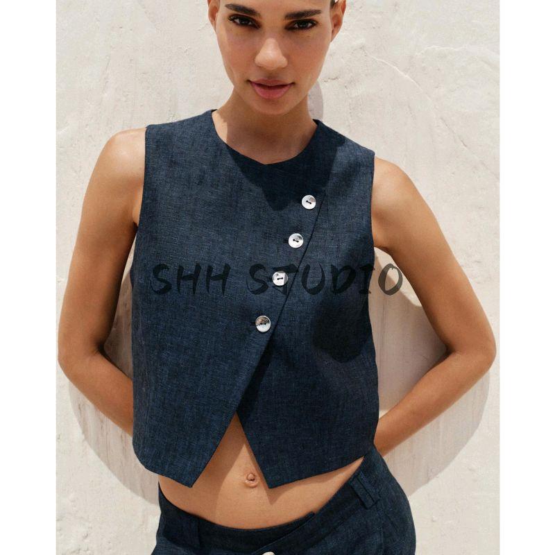 Linen Blend Double Breasted Sleeveless Round Neck Vest Jacket 8129979 Overlapping Waist Casual Pants 8131979