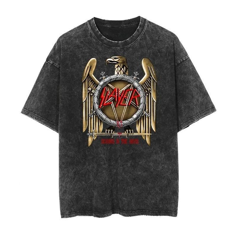 Thrash Metal Band SLAYER Graphic Print Vintage Washed Tshirt Men Women Retro Fashion Streetwear Yk Top Harajuku Oversized Tees