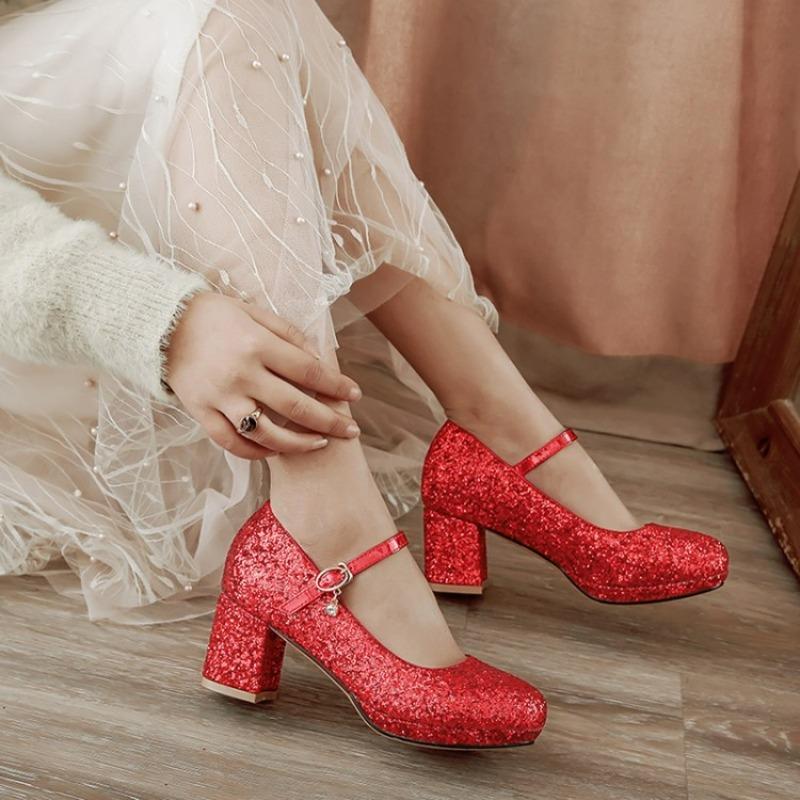 Women Glitter Golden Pumps Chunky Block Heels Platform Mary Jane Sequined Silver Shoes Woman Wedding Party 43