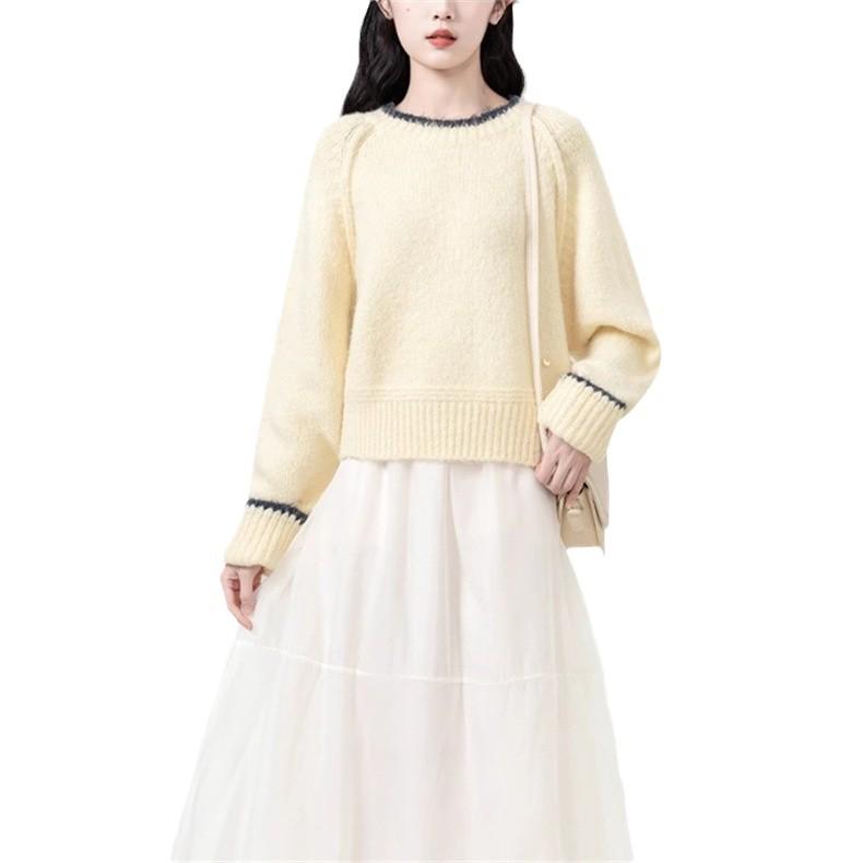 Autumn/Winter Women's Gray Color Block Round Neck Knit Sweater - Petite Base Layer