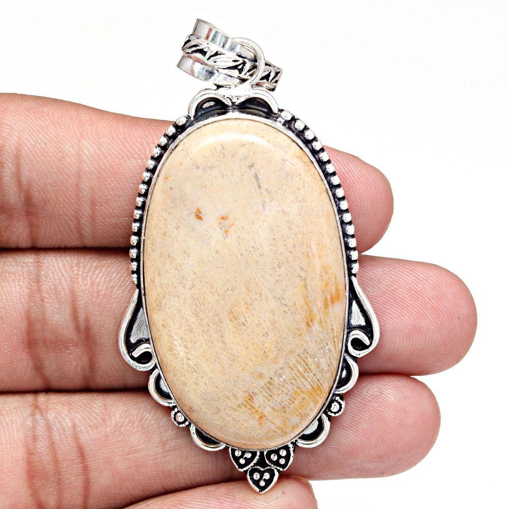Pendant Fossil Coral Gemstone Handmade Mother Day Silver Jewelry 2.75"