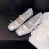 Mary Jane Single Shoes Women's New Light Mouth Square Head Thick Heel Ballet Shoes Silver Word with Bow High Heels