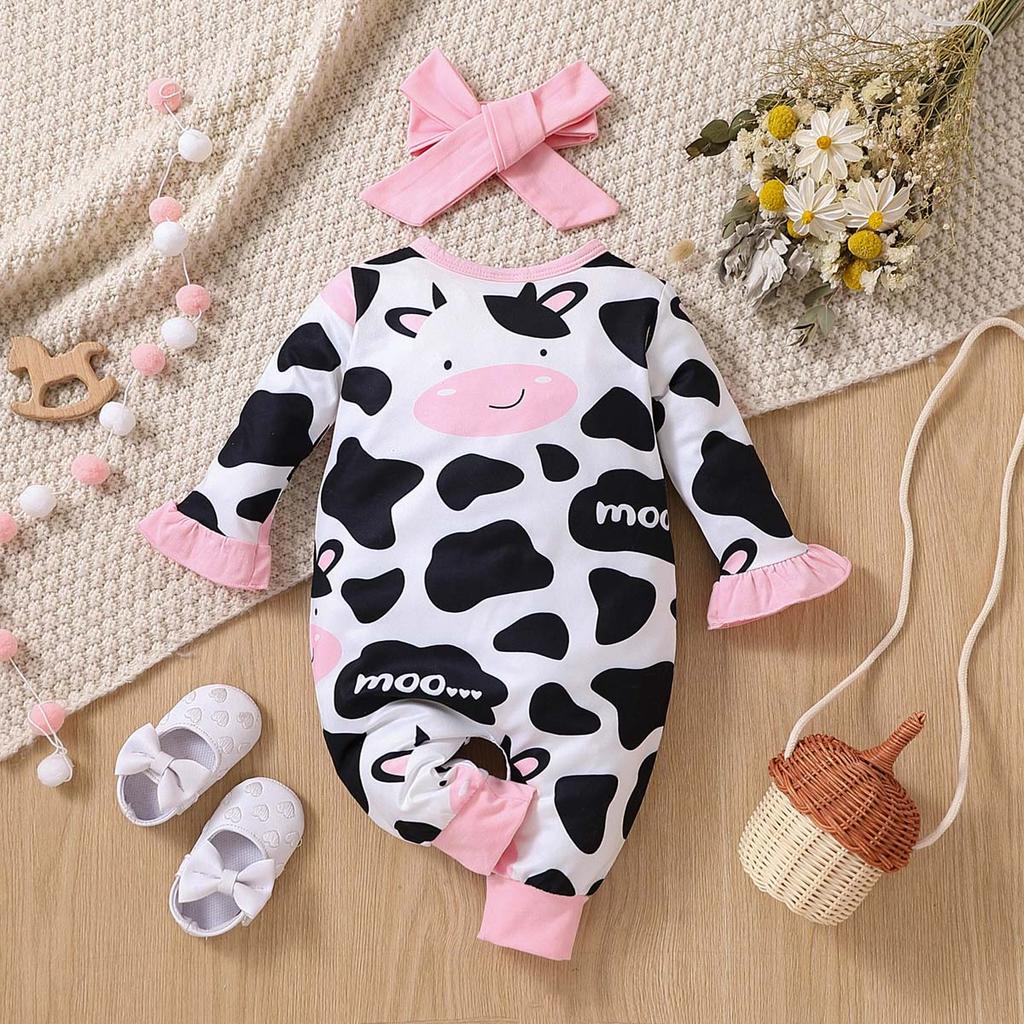 Infant Girls Ruffled Long Sleeve Romper Spring Autumn Cow Print Baby One piece Crawling Jumpsuit Fashion Comfortable Infant Bodysuit