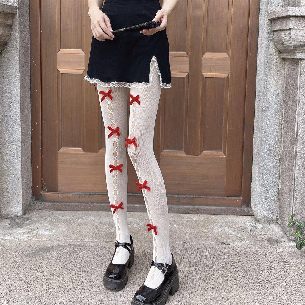 New Lace Tights Fishnet Silk Stockings Women Kawaii Bowknot Hollow Out Pantyhose Tide Japanese Girl Sex Thin Pantyhose
