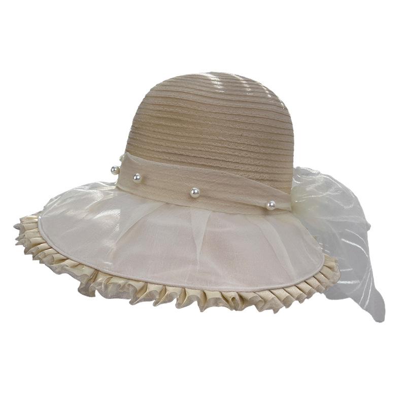 Summer new pearl bow mesh gauze hat women's travel sunscreen visor seaside vacation basin hat shows small face