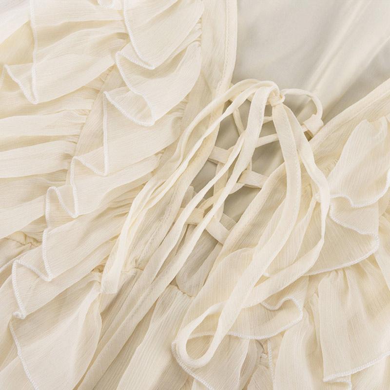 Ruffles Lace Up Dress V-neck Long Sleeved Fashion A-line Dresses Women's Elegant Sweet Chiffon Mesh Dress Spring and Summer