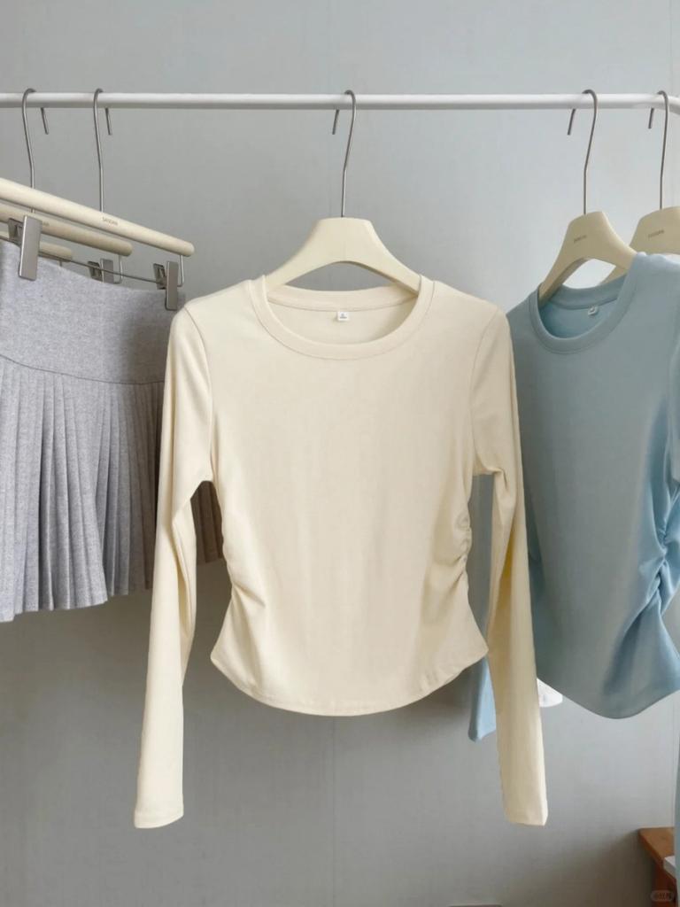 Весенняя новая футболка с плиссировкой на талии, женский внутренний топ в стиле чистой страсти bm с открытыми плечами, тонкая базовая рубашка с длинным рукавом