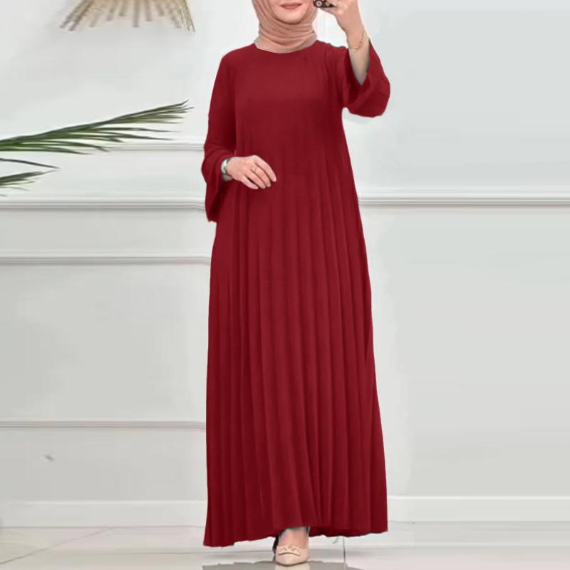 ZANZEA Женское повседневное свободное плиссированное платье с круглым вырезом и длинным рукавом