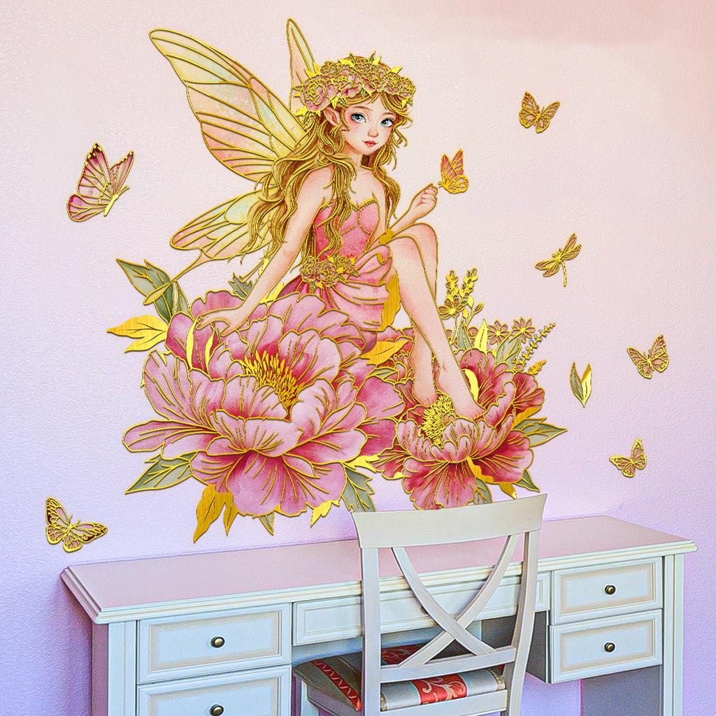Tj13578 Hand-Painted Flower Fairy Bronzing On Flowers Wall Sticker Decoration Children'S Room Bedroom Background Self-Adhesive