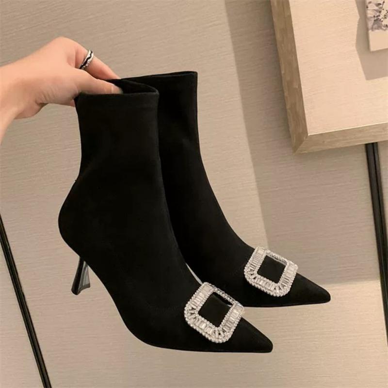 Fashion Autumn New Thin Heel Single Boots Women's Fashion Pointed Rhinester Buckle Suede Temperament Short Boots