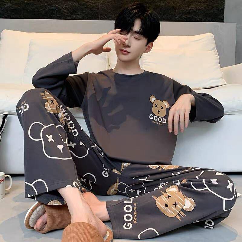 Мужской пижамный комплект большого размера с мультяшным принтом: С длинным рукавом, тонкий, для весны, осени и зимы - домашняя одежда для подростков и студентов.