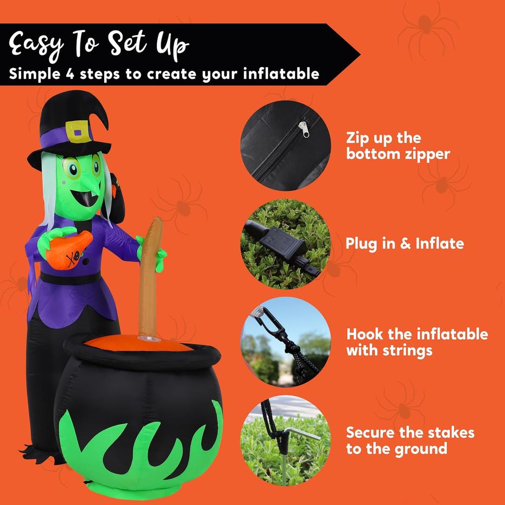 JOYFY 6 FT Halloween Witch Inflatables Outdoor Decorations Cauldron with Bubbling Potion and Light Inflatable Decorations