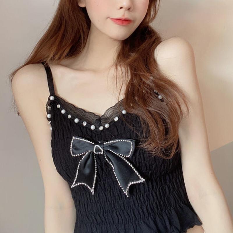 Summer Women's Bow Pleated Mesh Vest with New Suspender and Chest Pad Top, Fashionable and Elegant Summer Women's Clothing