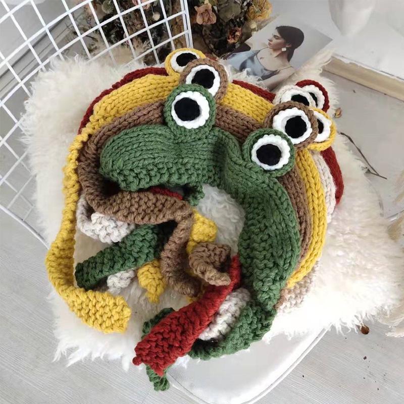 Knitted cute hat frog eyes hood wool hat female tide autumn winter warm earmuffs ear protection woven hat