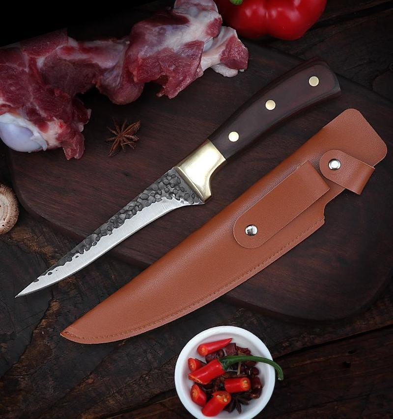 Кованый острый нож для мясника Нож для обвалки Нож для нарезки ломтиков с чехлом для ножа Набор ножей с деревянной ручкой