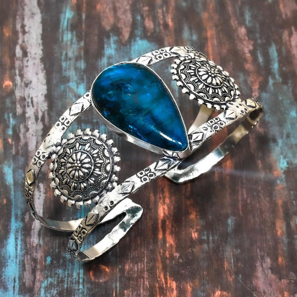 Синий лабрадорит, драгоценный камень, стерлинговое серебро 925 пробы, регулируемый ювелирный браслет ручной работы-манжеты