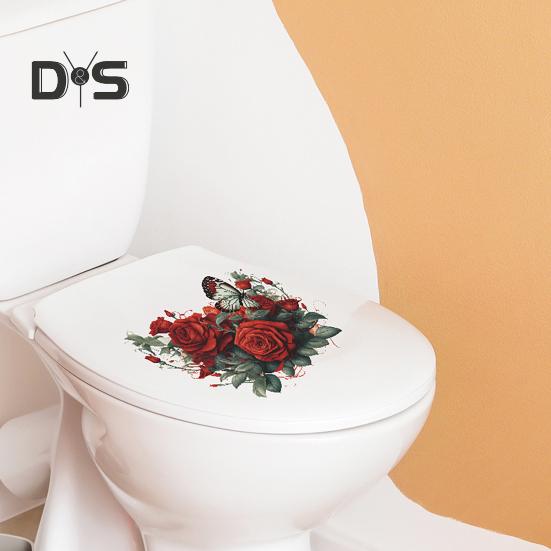 Наклейка на унитаз с бабочками и цветком розы, съемная водонепроницаемая наклейка из ПВХ для гостиной, ванной комнаты, стены искусства, цветочная крышка для унитаза, украшение на день Святого Валентина
