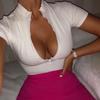 Female T-shirt Fashion Standing Collar Zipper Striped Crop Tops Slim Solid Sexy Tops Short Sleeve T-shirts