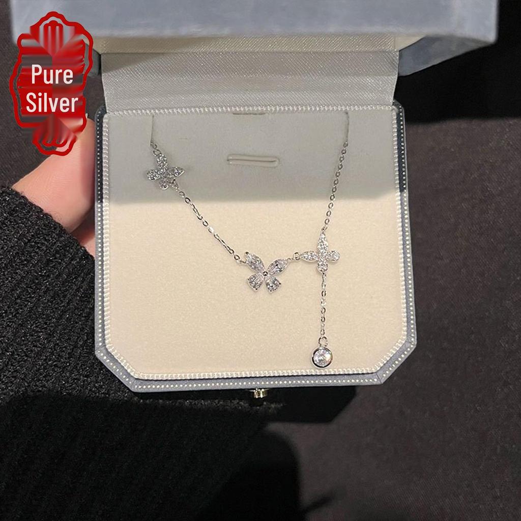 Серебряное ожерелье с подвеской-кисточкой из бабочки и циркония - Легкая роскошная цепочка на ключицы для женщин