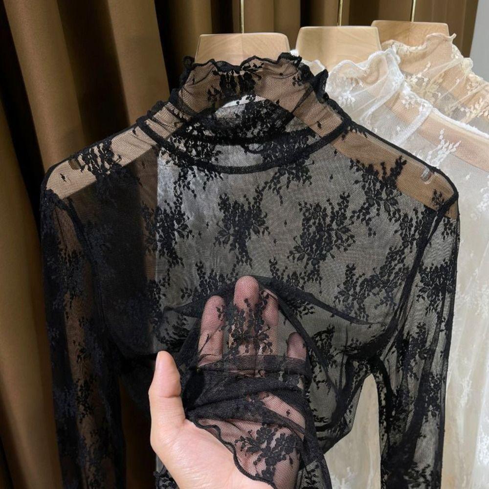 Long Sleeve Lace Bottomed Blouse Hollow Lace Floral Shirts Elegant See Through Tops Girls