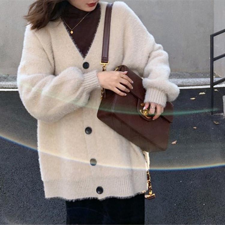 Mink Cashmere V-Neck Knit Cardigan: 2026 Spring/Autumn Korean Style Loose Sweater Coat for Women