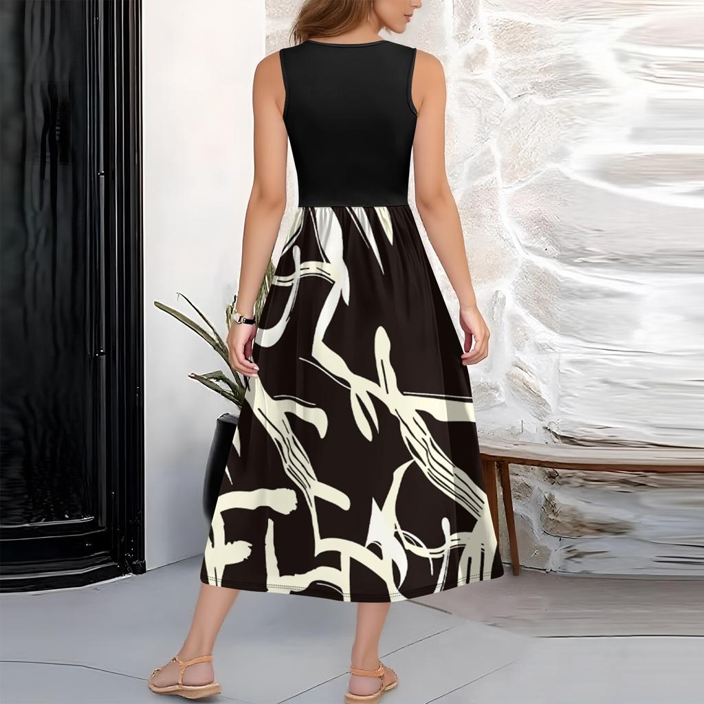 Женское платье без рукавов с цветочным принтом и высокой талией, модное и элегантное