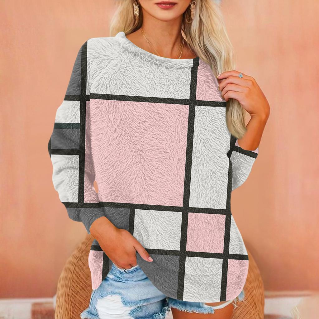 Women's T Shirt Flannel Print Tunic Long Sleeve Party  Round Neck  Tops