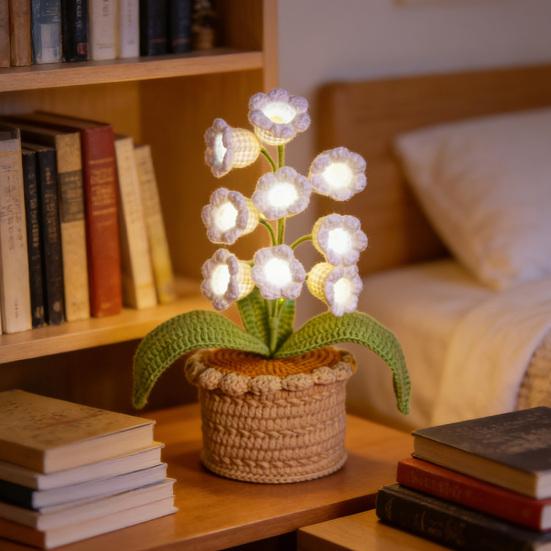 Lily of The Valley Lamp Crochet Artificial Flower Night Light Handmade Potted Plant Table Lamp for Women Wife Girlfriend Birthday Christmas Valentine