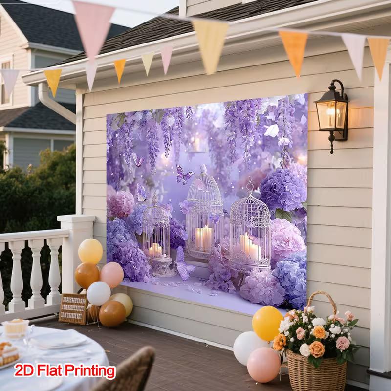 2D Purple Romantic Floral Backdrop, Wisteria & Birdcage Banner, Bridal Shower Party Decor