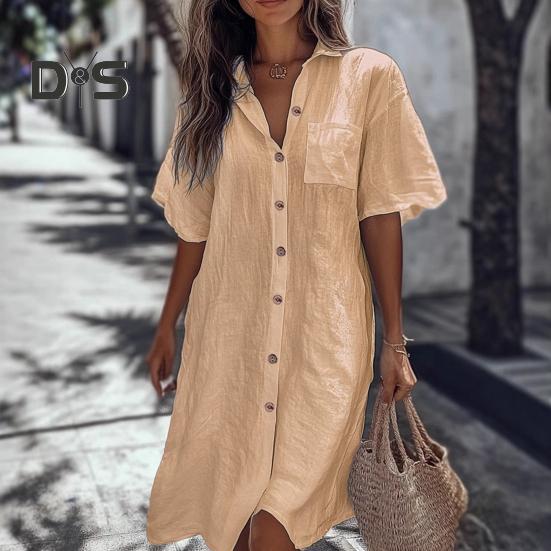 Women Shirt Lapel Short Sleeve Casual Commuter Style Shirt Solid Color Loose Fit Buttons Placket Work Shirt