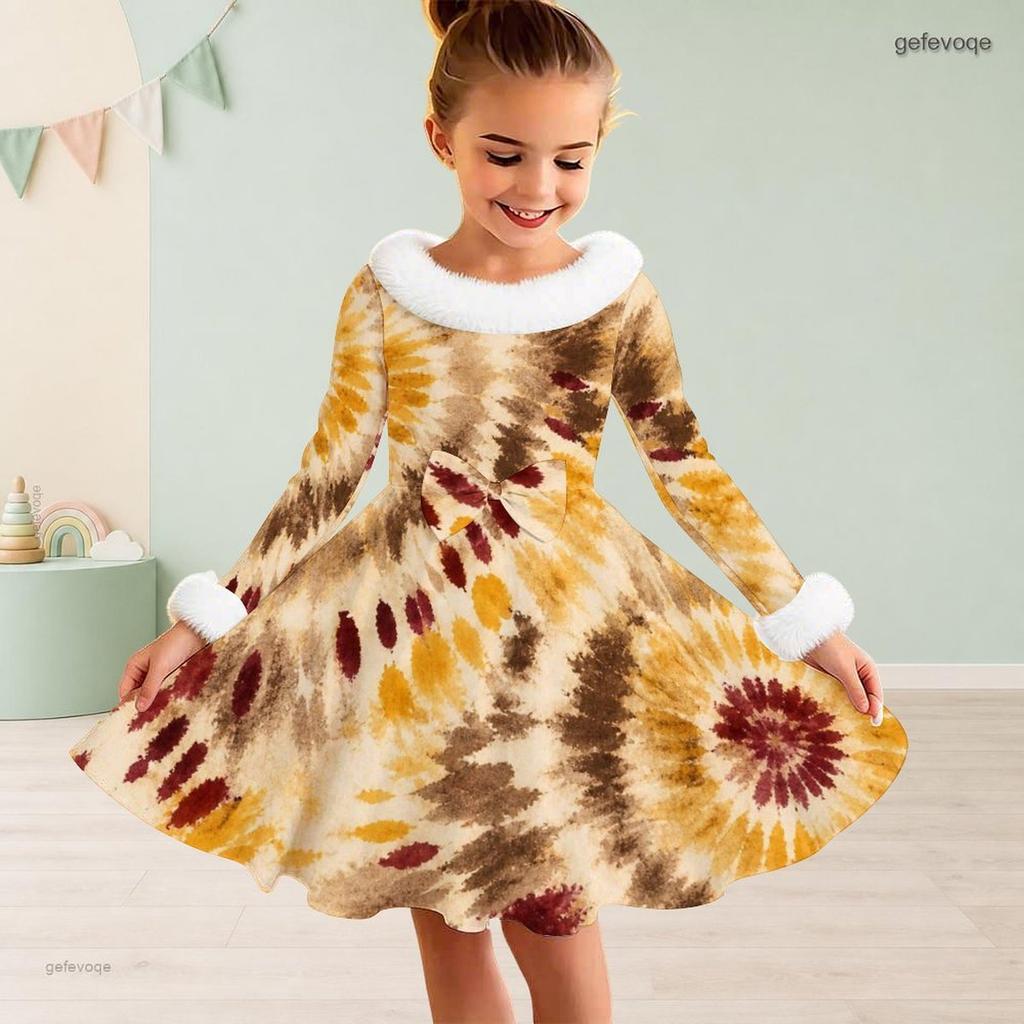 Girls Long Sleeve Faux Fur Collar Abstract Printed A Line Flared Dress With Waist Bow