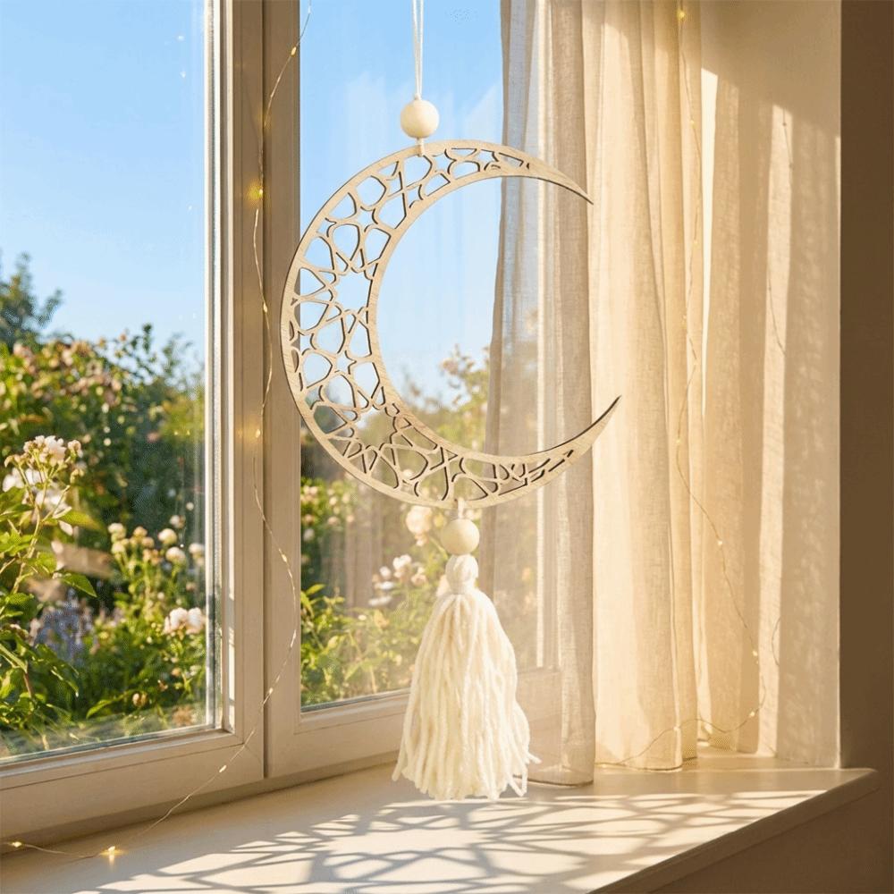 with Tassels Moon Star Hollow Mesh Wall Decor Wooden Handicraft Pendant  Ramadan Celebration