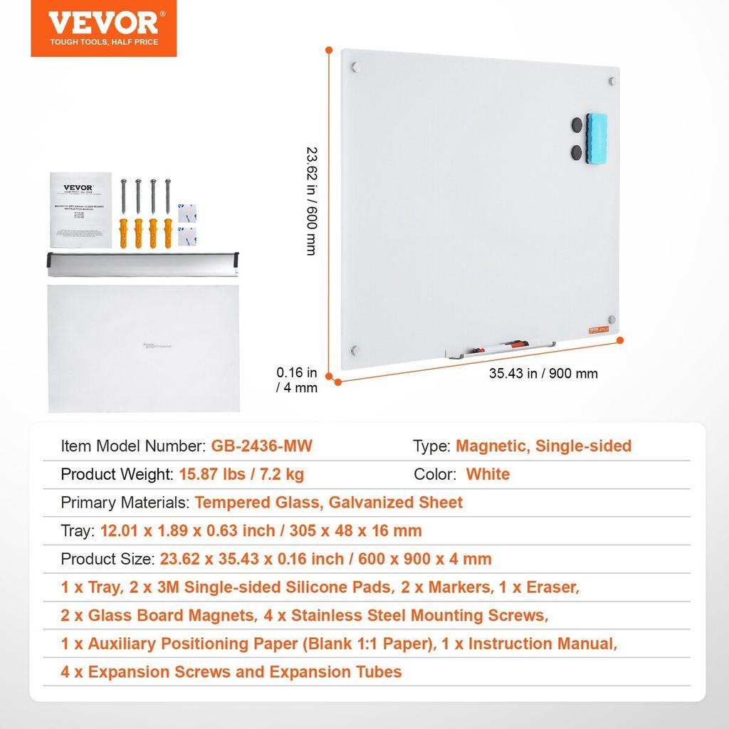Magnetic Glass Whiteboard, Dry Erase Board 900 x 600 mm, Wall-Mounted Large White Glassboard Frameless, with Marker Tray, an Eraser and 2 Markers,