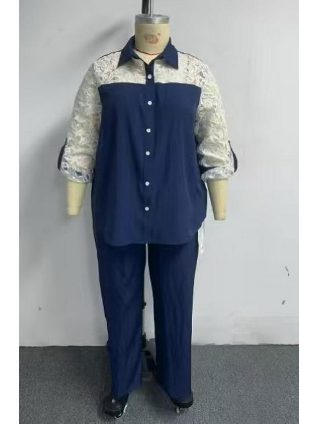 Кружевной пэчворк, двухпредметный, больших размеров, 2025: Комплект: рубашка с длинным рукавом и брюки клеш