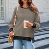 Women Striped Oversized Sweatshirt Long Sleeve Crewneck T-Shirt Split Hem Waffle Knitted Tunic Top Casual Fall Sweater