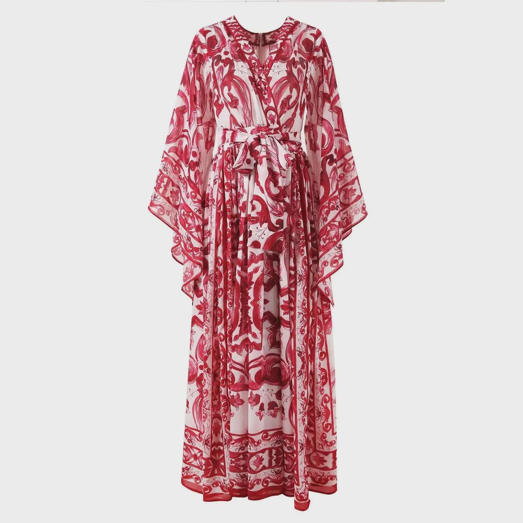 European & American Women's Chiffon Silk V-Neck Floral Print Maxi Dress