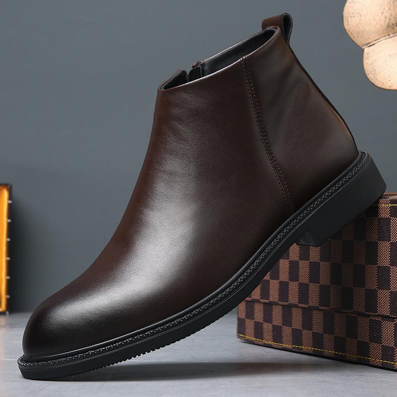 Chelsea Boots Men's Autumn and Winter Soft Leather Fleece Boots British Style High Top Trend Versatile Warm Leather Boots