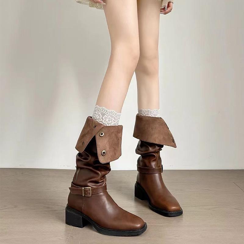 Women's Cowhide Retro Thick-Soled Over-the-Knee Western Boots with Two-Way Belt Buckle and Stacked Heels