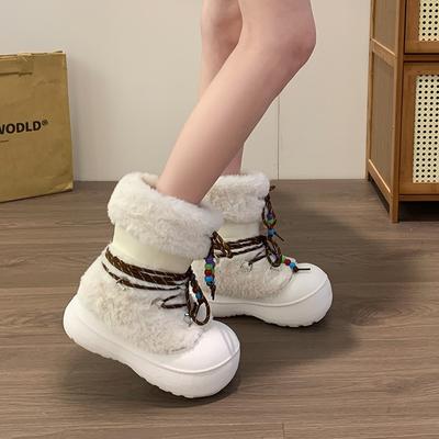 Модные меховые интегрированные сноубутсы женские 2025 осень и зима новые универсальные маленькие на толстой подошве нескользящие теплые хлопковые ботинки