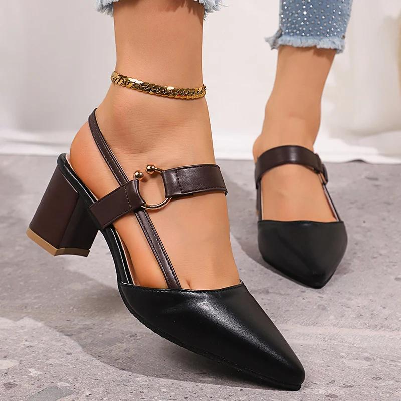 Elegant Pointed Toe Chunky Heel Sandals Women Summer Slingback High Heels Pumps Woman Fashion Thick Heeled Party Dress Sandalias