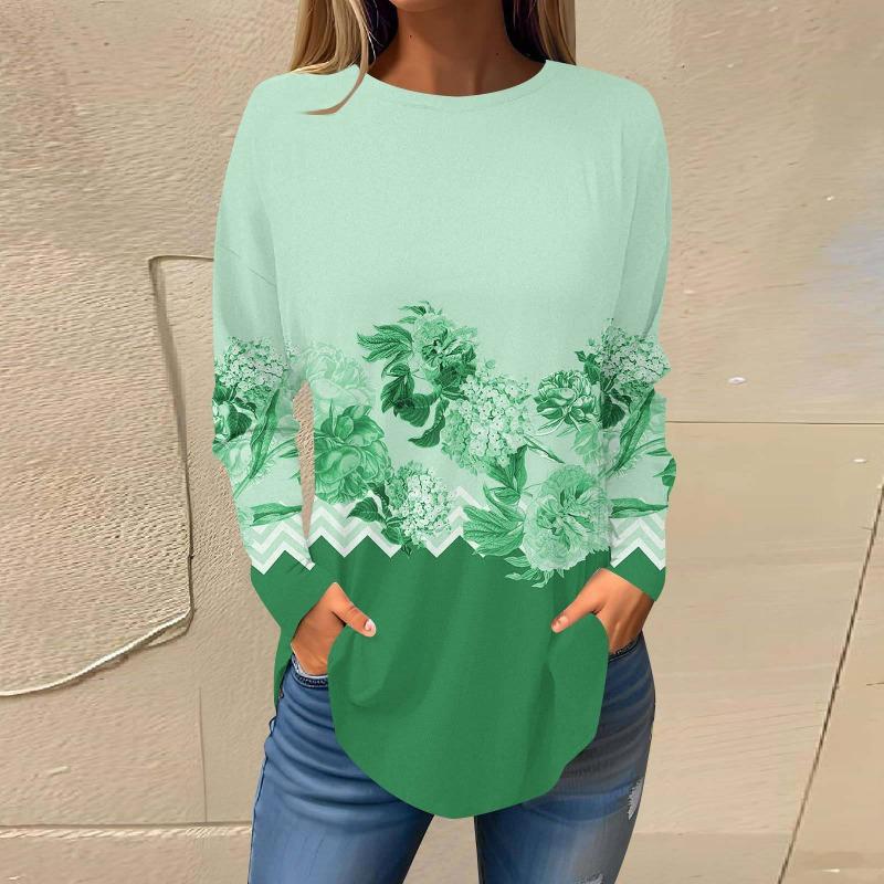Повседневный топ с круглым вырезом и длинным рукавом, цветочная модная женская футболка большого размера с 3D-принтом, женские осенние свободные топы