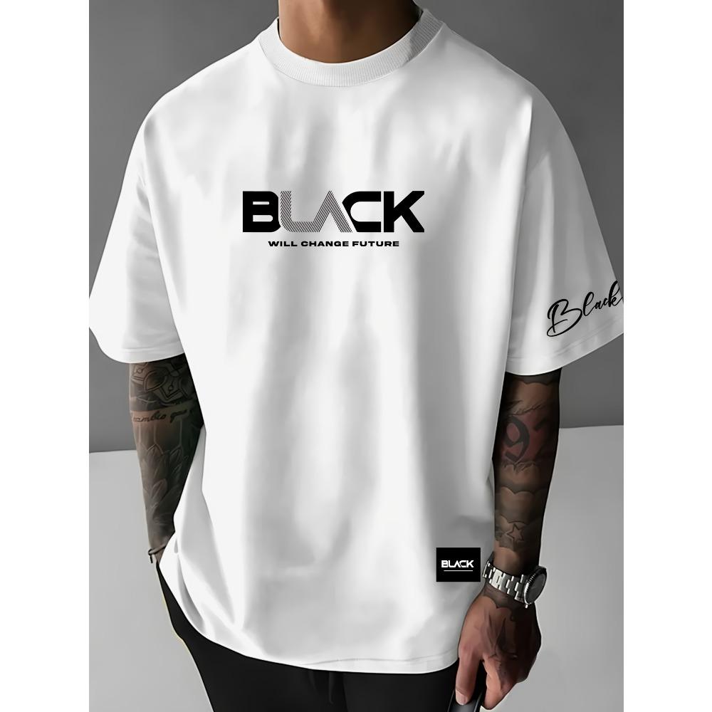 Европейские размеры ЧЕРНАЯ футболка с принтом букв, Дышащая и удобная, Свободная футболка, Мужская одежда для улицы