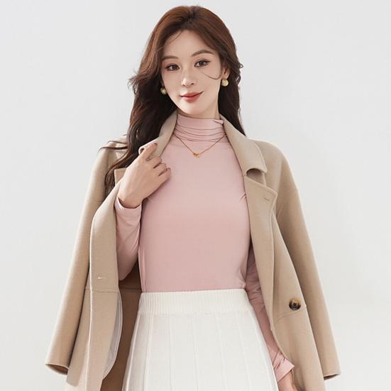 Women Bottoming Tops Half High Collar Long Sleeve Solid Color Slim Fit