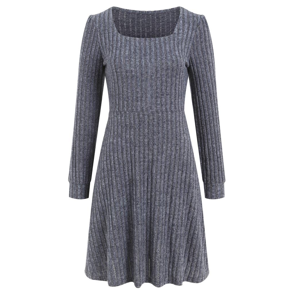 Женское трикотажное платье с длинными рукавами и карманами, квадратный вырез, облегающие платья, однотонное трикотажное элегантное платье для женщин