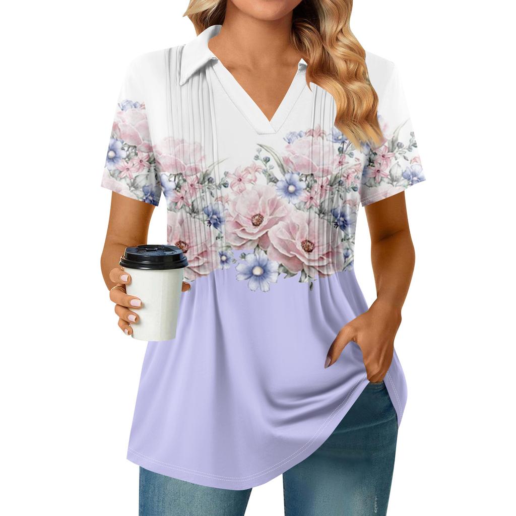 Женские футболки с коротким рукавом, плиссированные, с V-образным вырезом, с принтом, с воротником, летние топы, модные, деловые, повседневные, рабочие