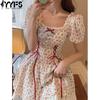 Women's Fashion Summer Spring Flower Pattern Print Short Sleeve Square Collar High Waist Casual Dresses